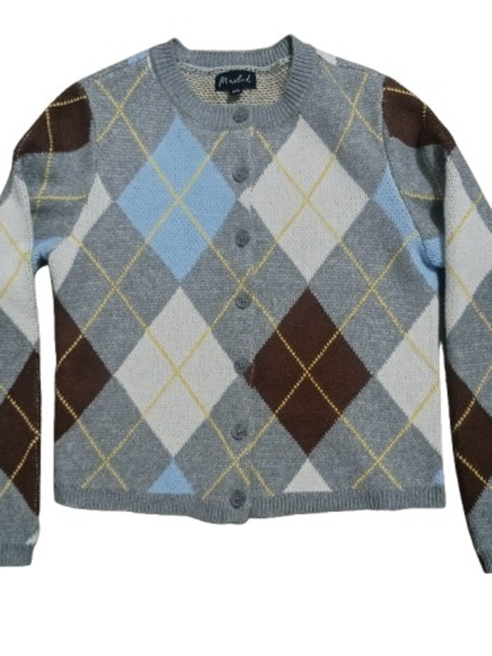Marled Gray Light Blue Yellow Argyle Cardigan XS Preppy Academia